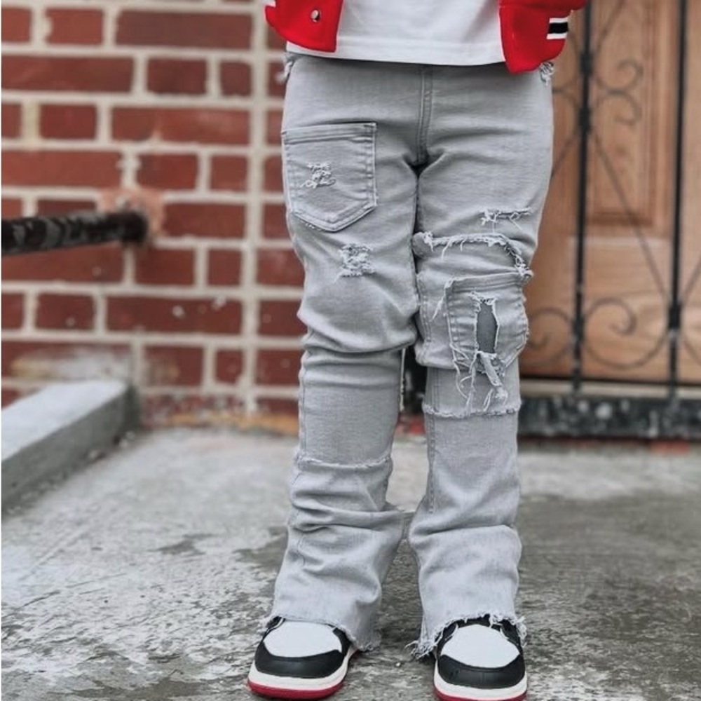 Custom Stylish Gray Distressed Kids STACKED Jeans